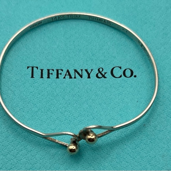 SOLD TIFFANY & Co. Sterling Silver 925 & 14K YG Double Heart Bangle Bracelet - Picture 2 of 5